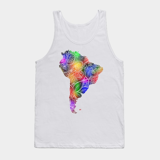 Colorful mandala art map of South America with text in multicolor pattern Tank Top by Happy Citizen